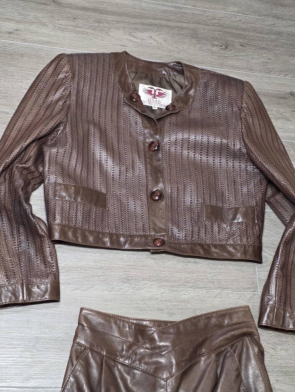 Vintage 80's Dita Martin Design Leather Jacket Sz 10 & Skirt Sz 8 Set Brown - Picture 7 of 11
